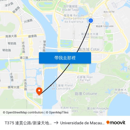 T375 連貫公路/新濠天地 Est. Do Istmo/ C.O.D. to Universidade de Macau (澳門大學) Campus map