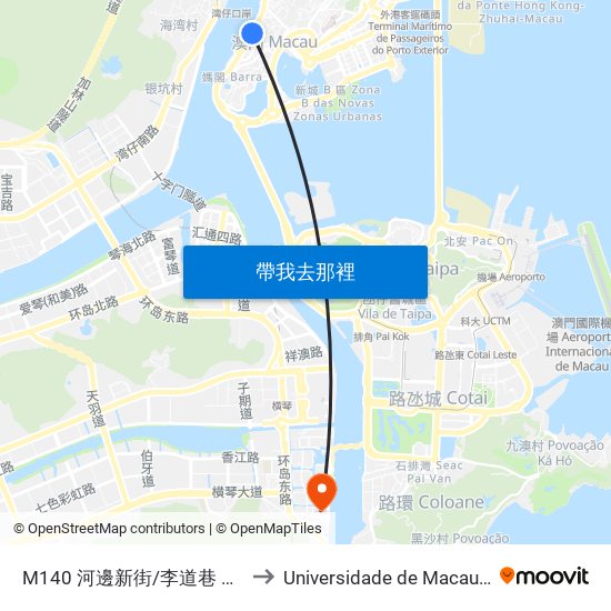 M140 河邊新街/李道巷 Alm. Sérgio/ Trav. Lido to Universidade de Macau (澳門大學) Campus map