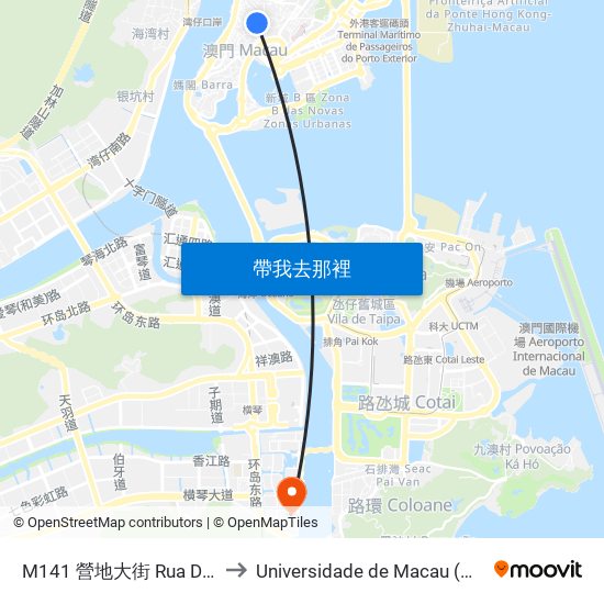 M141 營地大街 Rua Dos Mercadores to Universidade de Macau (澳門大學) Campus map