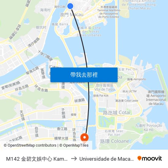 M142 金碧文娛中心 Kam Pek Community Centre to Universidade de Macau (澳門大學) Campus map