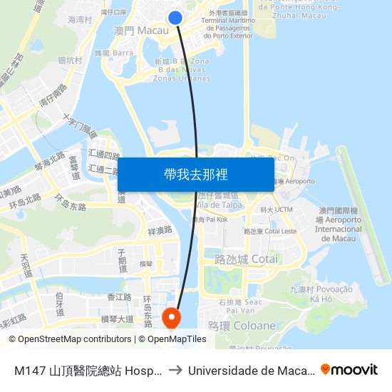 M147 山頂醫院總站 Hospital S. Januário/ Terminal to Universidade de Macau (澳門大學) Campus map