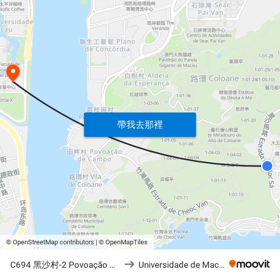 C694 黑沙村-2 Povoação De Hac Sá-2, Hac Sa Village-2 to Universidade de Macau (澳門大學) Campus map