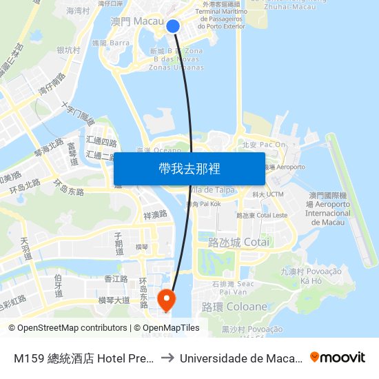 M159 總統酒店 Hotel Presidente, President Hotel to Universidade de Macau (澳門大學) Campus map