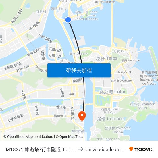 M182/1 旅遊塔/行車隧道 Torre / Túnel Rodoviário, Macau Tower / Tunnel to Universidade de Macau (澳門大學) Campus map