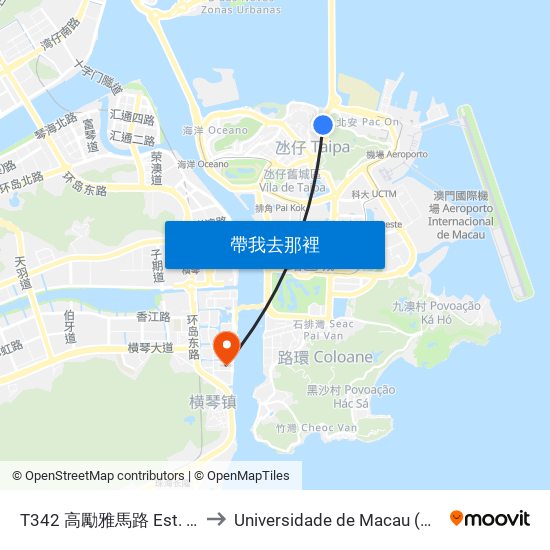 T342 高勵雅馬路 Est. Alm. M. Correia to Universidade de Macau (澳門大學) Campus map