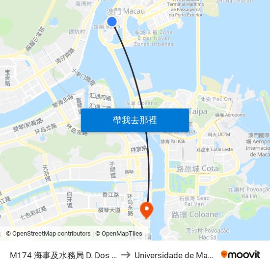 M174 海事及水務局  D. Dos S. De A. Marítimos E De Água to Universidade de Macau (澳門大學) Campus map