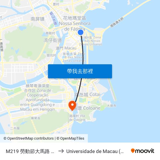 M219 勞動節大馬路 Av. 1º De Maio to Universidade de Macau (澳門大學) Campus map