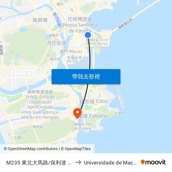 M235 東北大馬路/保利達 Av. Nordeste/ Edf. Poly Tex to Universidade de Macau (澳門大學) Campus map