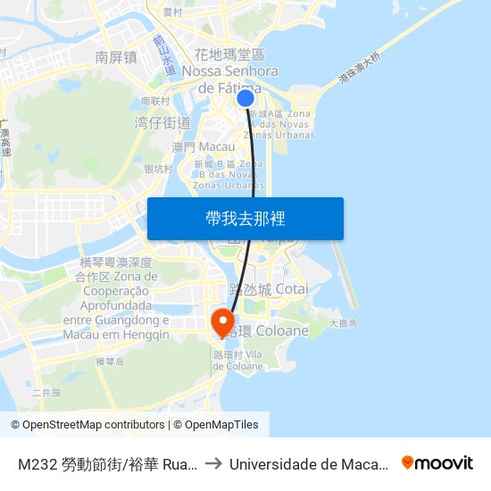 M232 勞動節街/裕華 Rua 1 De Maio / Edf. U Wa to Universidade de Macau (澳門大學) Campus map