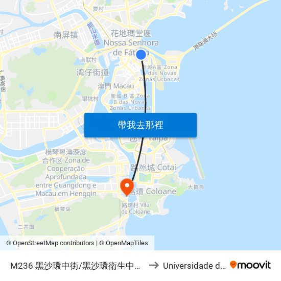 M236 黑沙環中街/黑沙環衛生中心 R. Central Da Areia Preta / Centro De Saúde Da Areia Preta to Universidade de Macau (澳門大學) Campus map