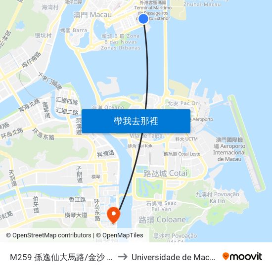 M259 孫逸仙大馬路/金沙 Av. Dr. Sun Yat-Sen/ Sands to Universidade de Macau (澳門大學) Campus map