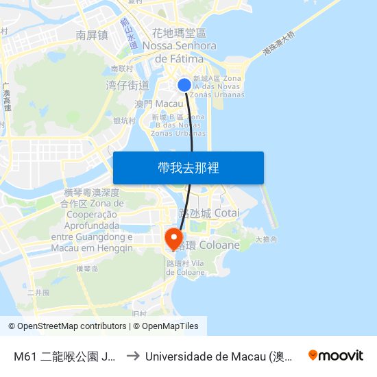 M61 二龍喉公園 Jardim Flora to Universidade de Macau (澳門大學) Campus map