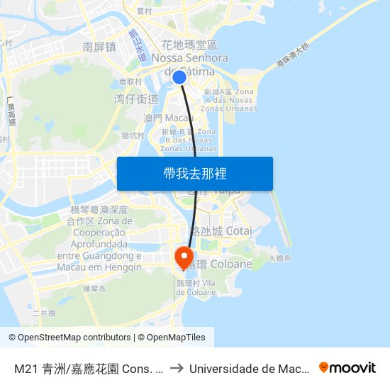 M21 青洲/嘉應花園 Cons. Borja/Edf. Mayfair Garden to Universidade de Macau (澳門大學) Campus map