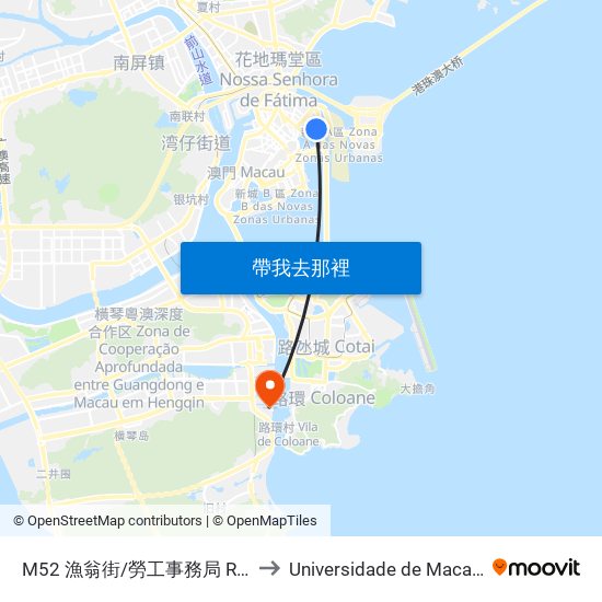 M52 漁翁街/勞工事務局 Rua Dos Pescadores/Dsal to Universidade de Macau (澳門大學) Campus map