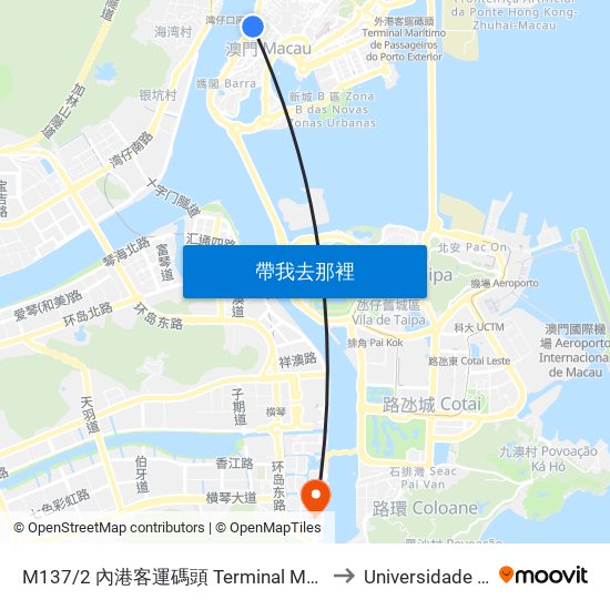 M137/2 內港客運碼頭 Terminal Marítimo De Passageiros Do Porto Interior, Inner Harbour Ferry Terminal to Universidade de Macau (澳門大學) Campus map