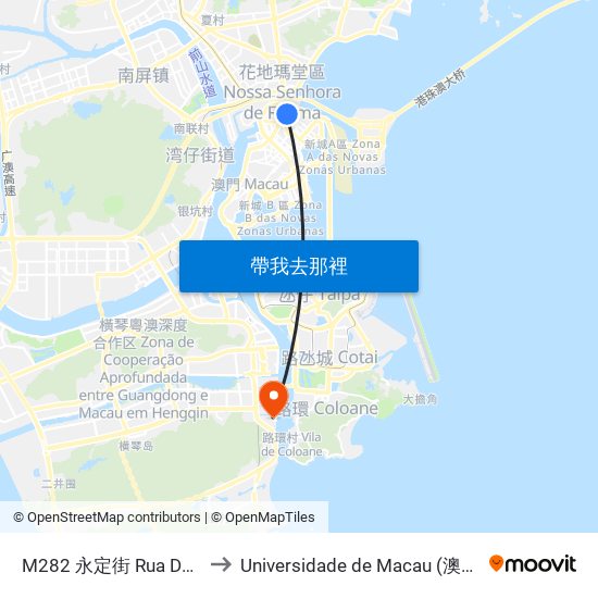 M282 永定街 Rua Da Serenidade to Universidade de Macau (澳門大學) Campus map