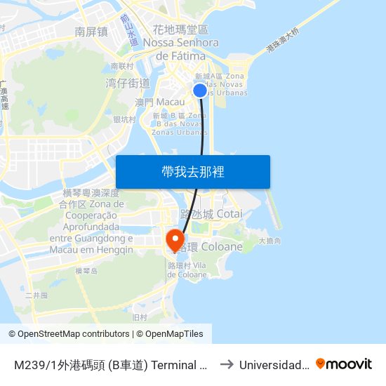 M239/1外港碼頭 (B車道) Terminal Marítimo De Passageiros Do Porto Exterior, Outer Harbour Ferry Terminal (B Via / Lane) to Universidade de Macau (澳門大學) Campus map