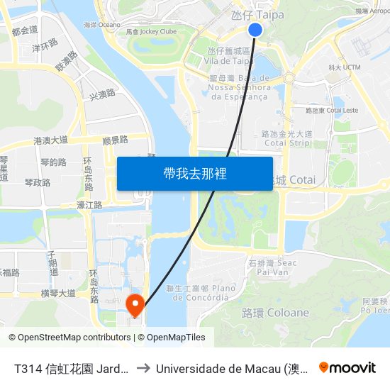 T314 信虹花園 Jardim Lameiras to Universidade de Macau (澳門大學) Campus map