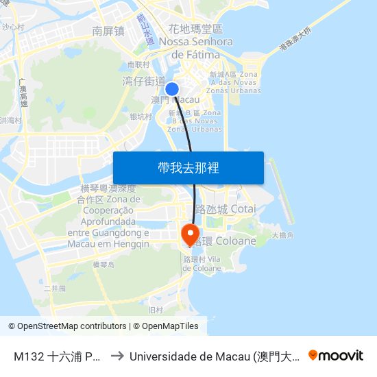 M132 十六浦 Ponte 16 to Universidade de Macau (澳門大學) Campus map