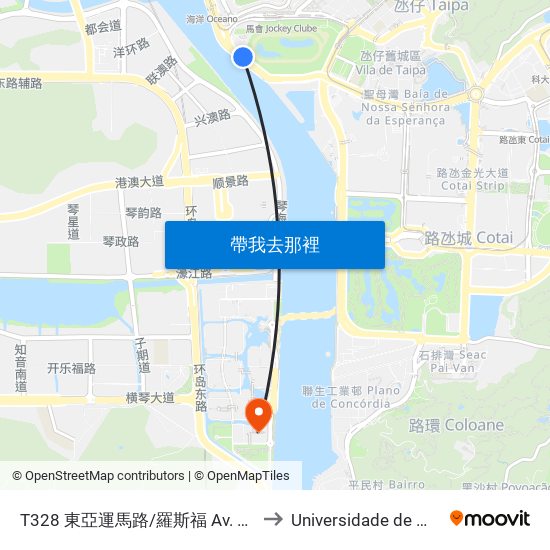 T328 東亞運馬路/羅斯福 Av. Dos Jogos Da Asia Oriental / Roosevelt to Universidade de Macau (澳門大學) Campus map