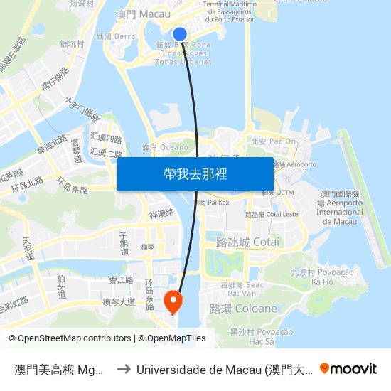 澳門美高梅 Mgm Grand to Universidade de Macau (澳門大學) Campus map