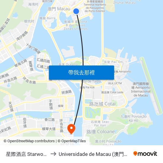 星際酒店 Starworld Hotel to Universidade de Macau (澳門大學) Campus map