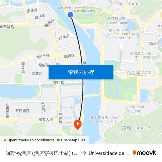羅斯福酒店 (酒店穿梭巴士站) the Macau Roosevelt (Hotel Shuttle Bus Stop) to Universidade de Macau (澳門大學) Campus map