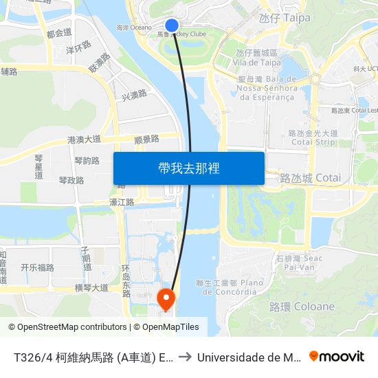 T326/4 柯維納馬路 (A車道) Estrada Gov. A. Oliveira (Via / Lane A) to Universidade de Macau (澳門大學) Campus map