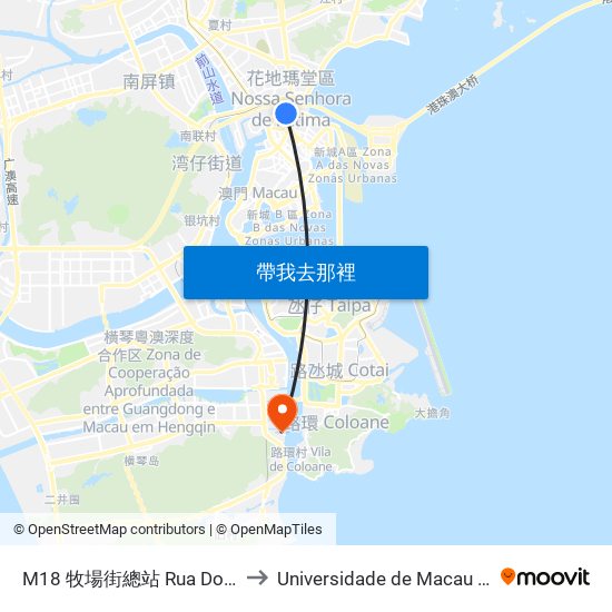 M18 牧場街總站 Rua Dos Currais / Terminal to Universidade de Macau (澳門大學) Campus map