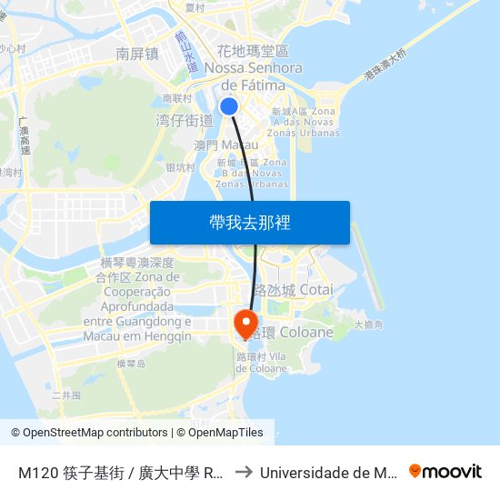 M120 筷子基街 / 廣大中學 Rua De Fai Chi Kei / Esocla Kwong Tai to Universidade de Macau (澳門大學) Campus map