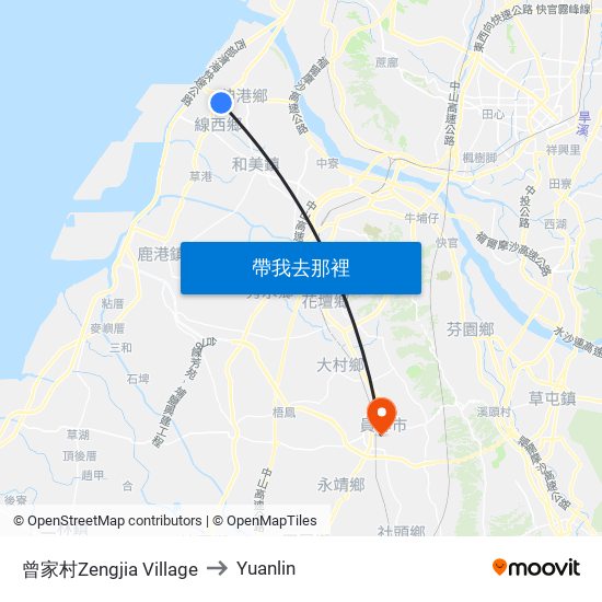 曾家村Zengjia Village to Yuanlin map
