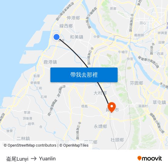 崙尾Lunyi to Yuanlin map