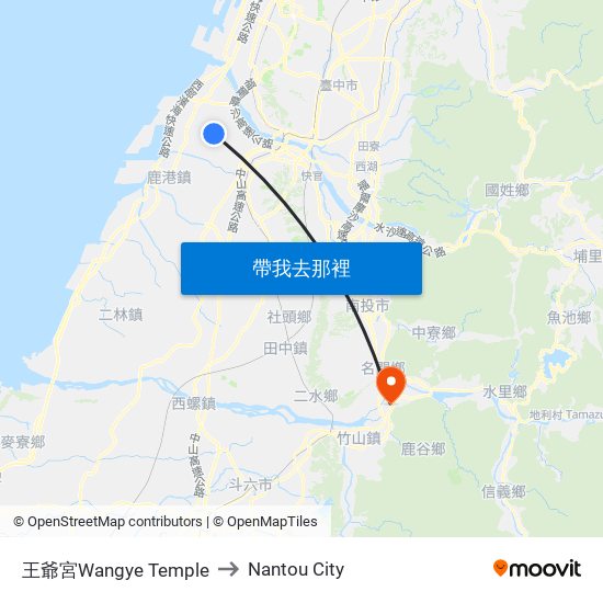 王爺宮Wangye Temple to Nantou City map