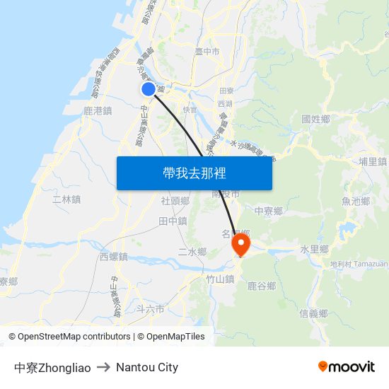 中寮Zhongliao to Nantou City map