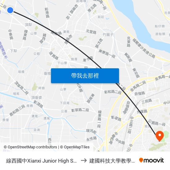 線西國中Xianxi Junior High School to 建國科技大學教學大樓 map