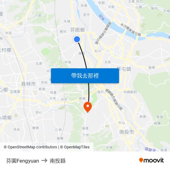 芬園Fengyuan to 南投縣 map