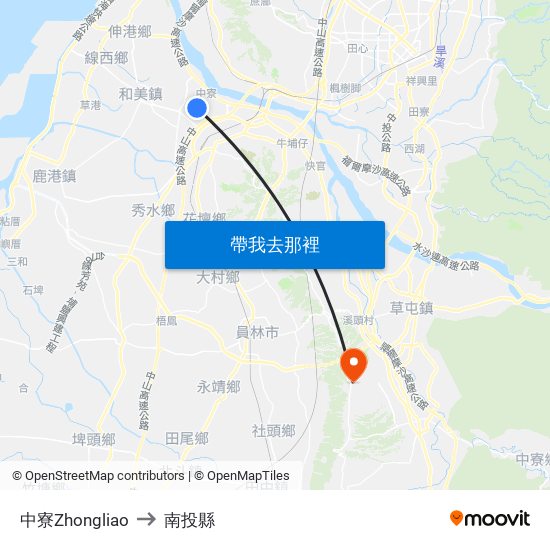 中寮Zhongliao to 南投縣 map