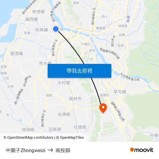 中圍子Zhongweizi to 南投縣 map
