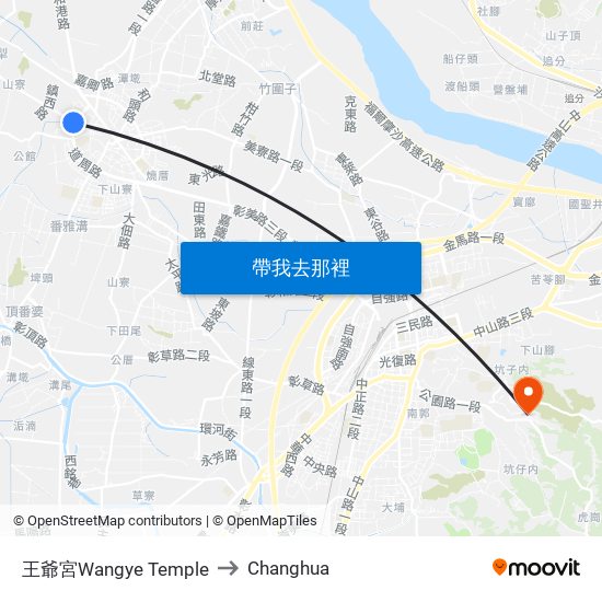 王爺宮Wangye Temple to Changhua map