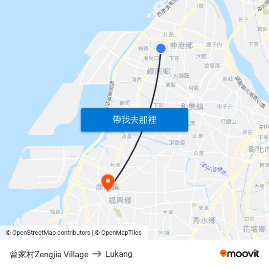 曾家村Zengjia Village to Lukang map