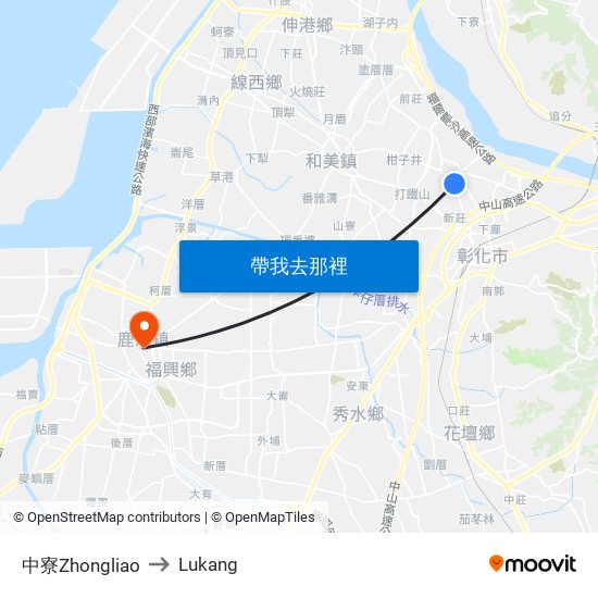 中寮Zhongliao to Lukang map