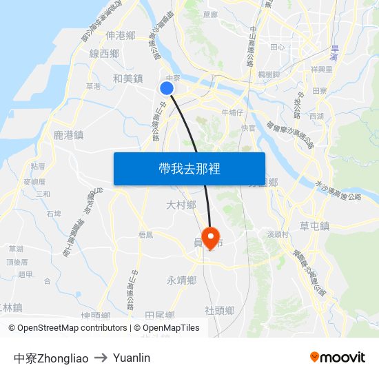 中寮Zhongliao to Yuanlin map
