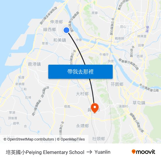 培英國小Peiying Elementary School to Yuanlin map