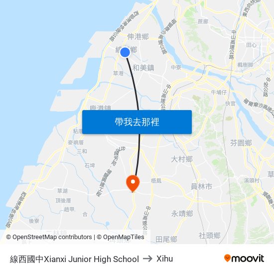 線西國中Xianxi Junior High School to Xihu map