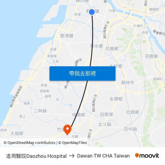 道周醫院Daozhou Hospital to Dawan TW CHA Taiwan map