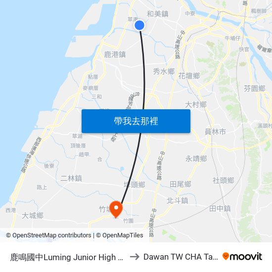 鹿鳴國中Luming Junior High School to Dawan TW CHA Taiwan map