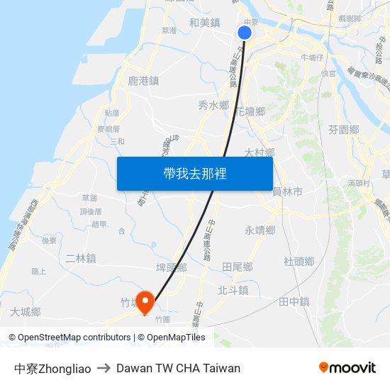 中寮Zhongliao to Dawan TW CHA Taiwan map