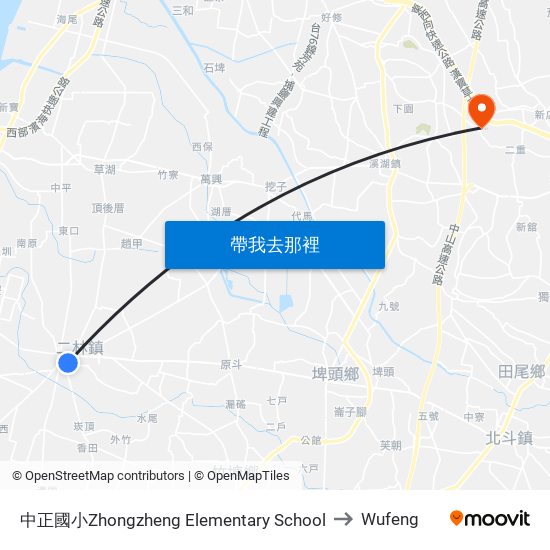 中正國小Zhongzheng Elementary School to Wufeng map
