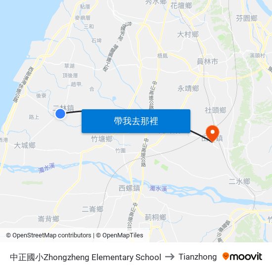 中正國小Zhongzheng Elementary School to Tianzhong map