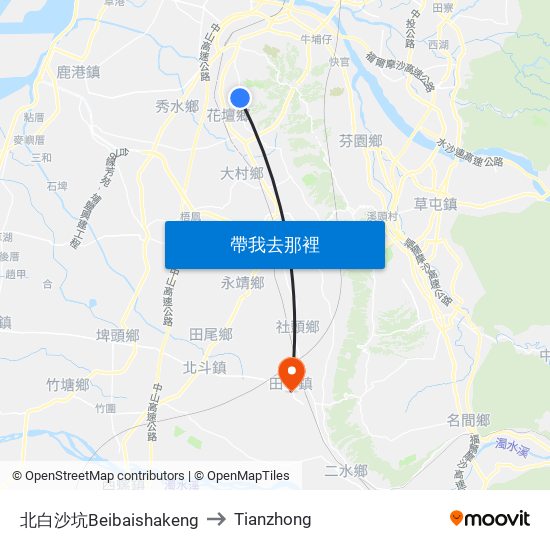 北白沙坑Beibaishakeng to Tianzhong map